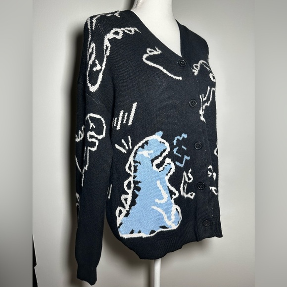 Cute Kawaii Cartoon Dinosaur Print Long Sleeve Loose Knitted Cardigan w Buttons - Picture 3 of 11